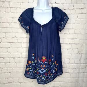 IN Studio Wms Med Navy Semi Sheer Gauzy Floral Embroidered Top Peasant Boho